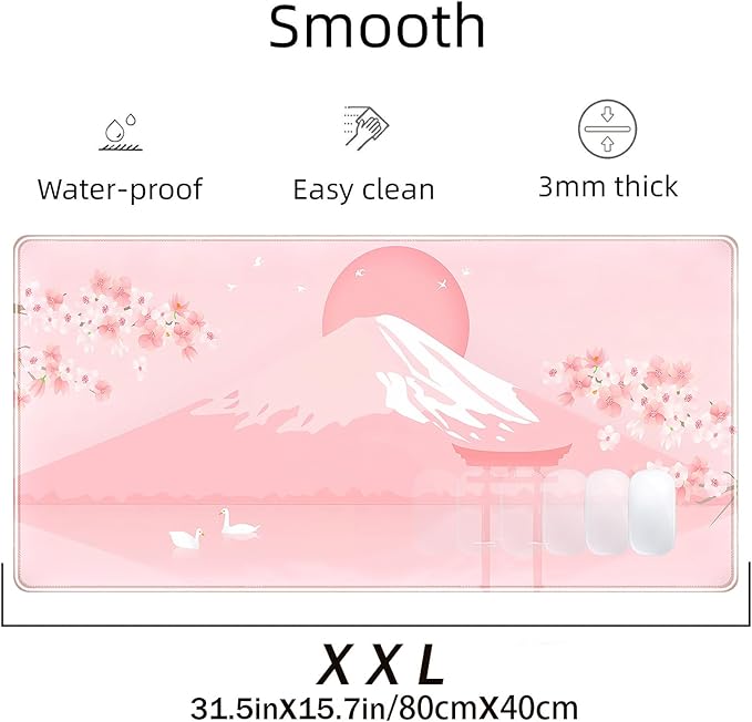Pink Desk Pad, Japanese Mount Fuji Mouse Pad XXL, Cute Cherry Blossom Deskmat, Large Anime Game Computer Keyboard Mouse Mats, Women Full Desktop Protector, Home Office Accessories 31.5"X15.7"
