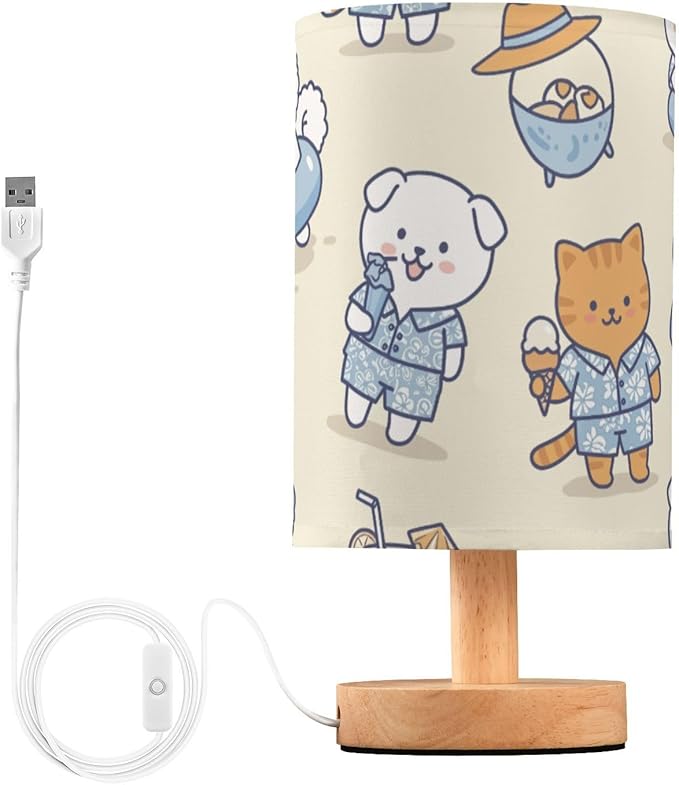 Cute Dog and Cat LED Table Lamp, Bedside Lamp with Linen Lampshade, Flicker-Free Eye Care USB Plug in Nightstand Lamp, for Bedroom and Office