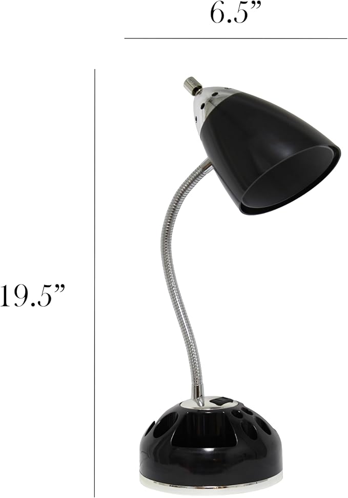 Simple Designs LD1015-BLK-LB 19.5" Flossy Organizer Desk Lamp with Charging Outlet Lazy Susan Base and LEB Bulb, Black