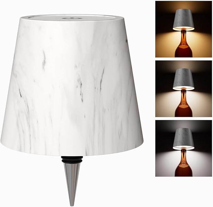 Wireless Bottle Lamp, Wireless Bottle Lamp Shade with 3 Color Temperature, Rechargeable Stepless Dimming LED Wine Bottle Lights for Any Bottle, Desk Lamp for Bedroom Restaurant Bar (Marble Color)
