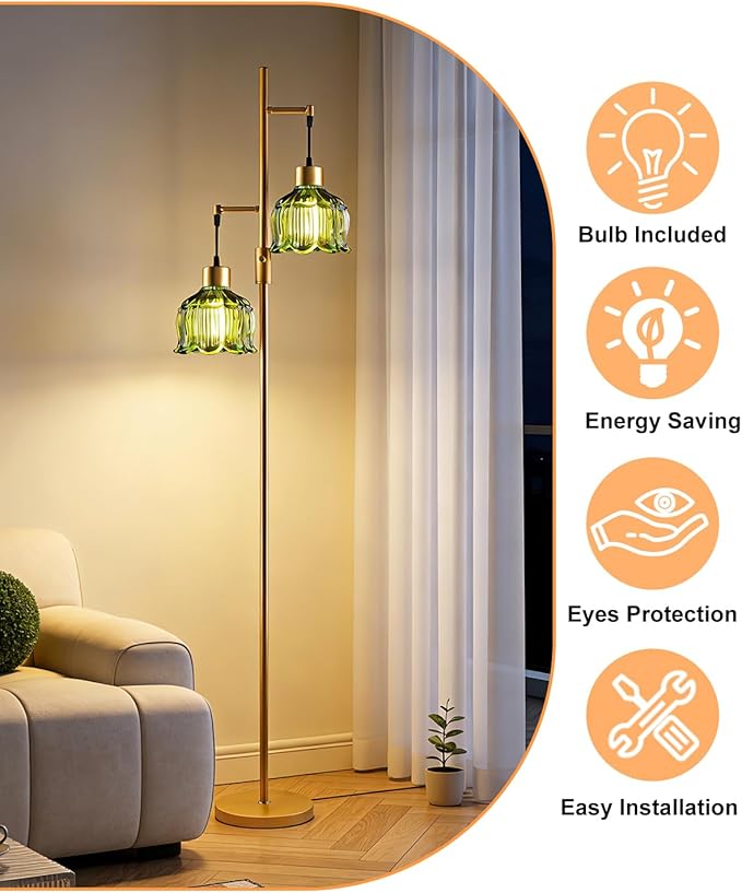 2-Light Gold Floor Lamp for Living Room, 65IN Tall Standing Lamps Dimmable with Green Glass Lampshade, 3000K Warmwhite Mid Century Modern Floor Lamp for Bedroom/Office/Corner/Sofa Beside
