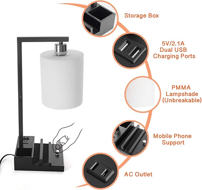 Bedroom Lamps for Nightstand, 3 Color Temperature Nightstand Lamp Bedside Lamps with Dual USB Ports and Outlet, Modern Table Lamp Built-in Pen Holder & Phone Stands, Energy Saving LED Bulb Included