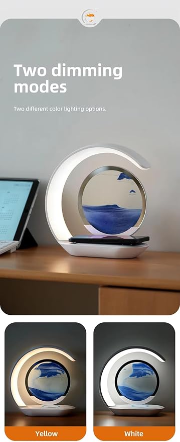 LED Table Lamp with Wireless Charging, Crescent Moon Design, Blue and Orange Sand Art Display, Blue