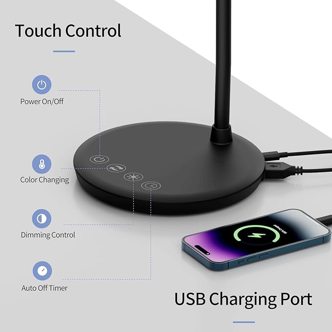 AXX TU08 LED Small Desk Lamp with USB Charging Port, 650 Lumens 3-Color Modes, 5-Touch Dimming, 30/60-Minute Timer, 18-Inch Black Table Light for Reading, Home Office, College Dorm Room Accessories