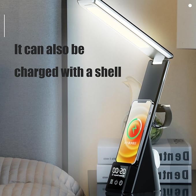 Wireless Charging LED Desk Lamp, Desk Lamp with Clock/Alarm Clock Office, Reading Light Book Light, Touch Dimming 3 Color Modes, Desk for Studying/University