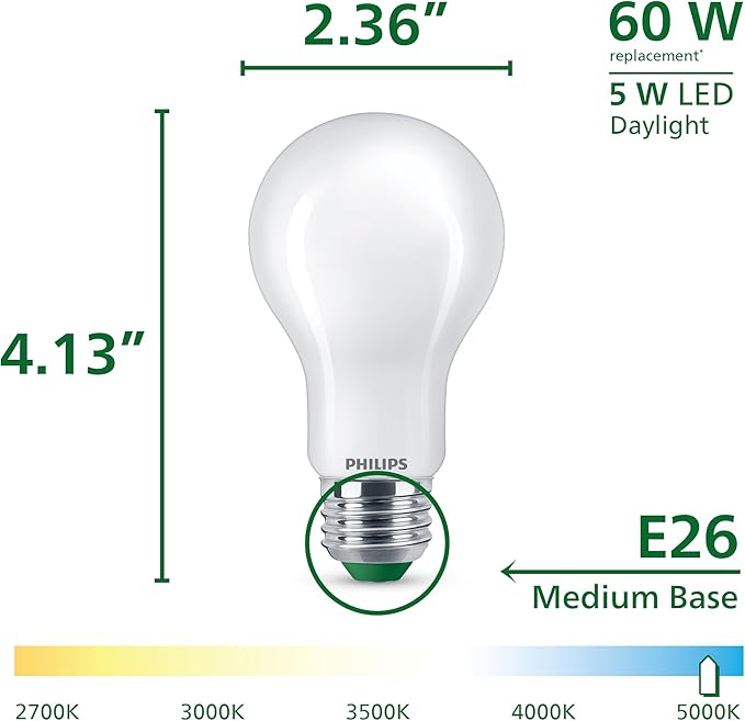 Philips LED 60W A19 12-Pack Ultra Efficient Daylight (5W = 60W) Dimmable Clear Flicker-Free Light Bulb