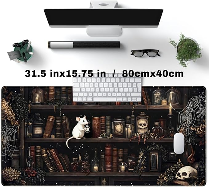 Dark Witchy Desk Mat Gaming Desk Pad Large Mouse Pad, Magician'S Fantasy Bookcase Gothic Mouse Mat XXL Laptop Keyboard Pad, Laptop Keyboard and Mouse Mat Desktop Protector Mat 31.5 X 15.7 in