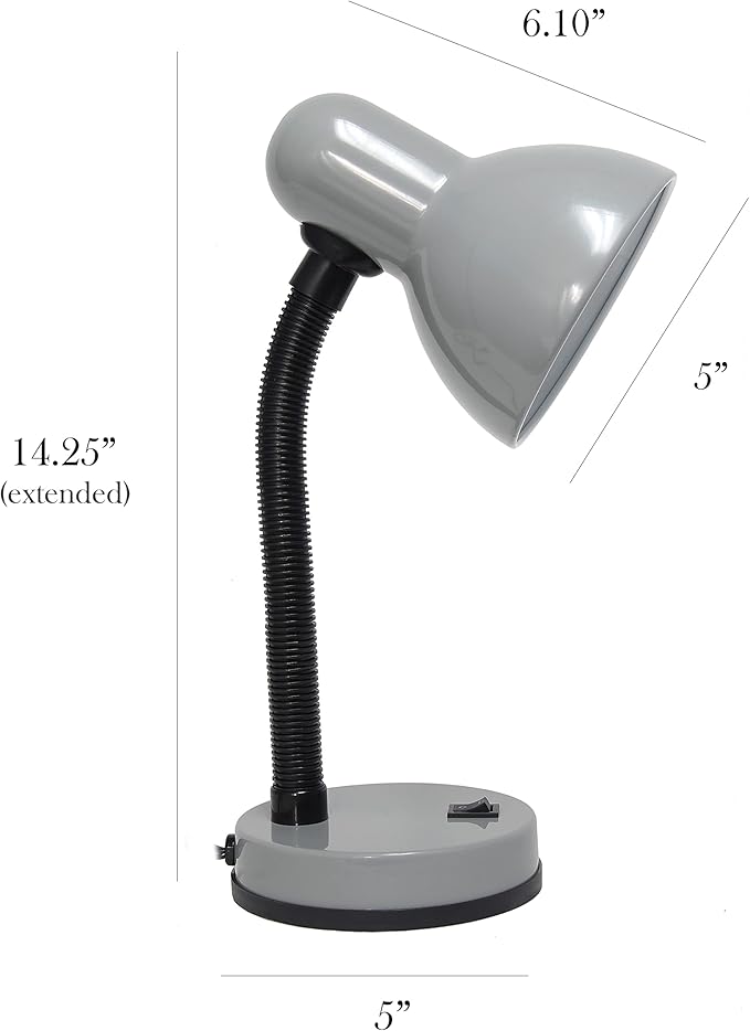 Simple Designs LD1088-SLV 14.25" Sleek and Sturdy Classic Gooseneck Study Desk Lamp, Gray