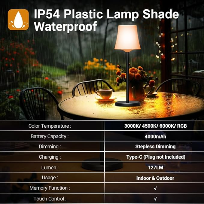 Cordless Table Lamp Rechargeable 2 Pack Wireless Touch Light Battery Operated 3 Color & RGB Stepless Dimmable Portable Led Waterproof Small Lamps for Kichen/Dining/Outdoor/Patio/Restaurant