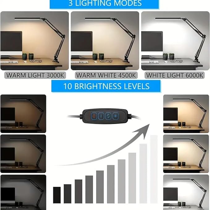 HDView LED Desk Lamp with Eye-Caring 3 Modes 10 Brightness, Adjustable Swing Arm Long Flexible Lamp for Office Workers and Students, USB Port