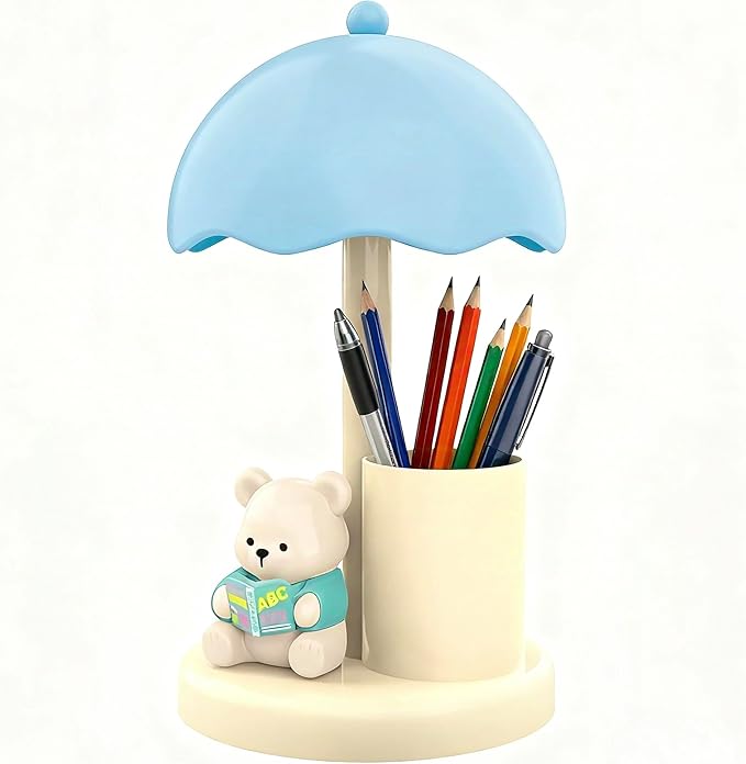 Cute Bear Desk Lamp with Pen Holder, 2-in-1 Kids Table Lamp Organizer, LED Bedside Lamp with USB Charging Port for Bedroom Study Room, 500 mAh, Rechargeable Lighting Decor for Boys Girls