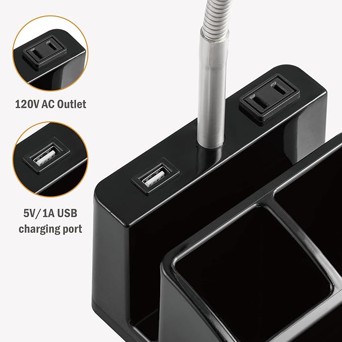LED Desk Lamp with 1 USB Charging Port and 1 AC Outlet, Organizer Base, Adjustable Neck, On/Off Switch, Modern Table Lamp for Reading, Working, Studying, Gentle Warm White Light, Eye Protect(Black)