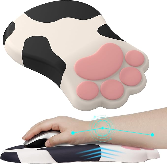 L-SPOUTTO Ergonomic Mouse Pad with Wrist Rest,Cute Cat Paw Mousepad Wrist Support,Comfortable Massage Design Computer Pain Relief Mouse Pad with Non-Slip PU Base for Desk Laptop Gaming,Cow