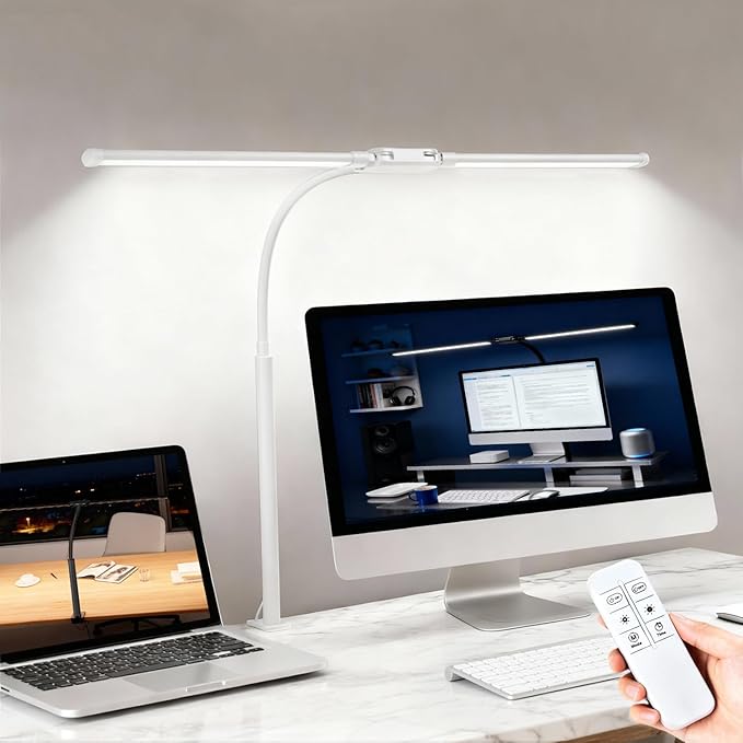 LED Desk Lamp with Clamp, Double Head Adjustable Architect Light, Eye-Caring Monitor Desk Lamp for Home Office, Flexible Gooseneck Task Lamp with 10 Brightness Levels & 5 Color Temperature Modes White