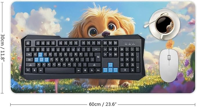 Large Ergonomic Gaming Mouse Pad Fluffy Puppy in Sunny Meadow - Cute Dog Theme with Non-Slip Base Water-Resistant Surface and Stitched Edges 30x60cm