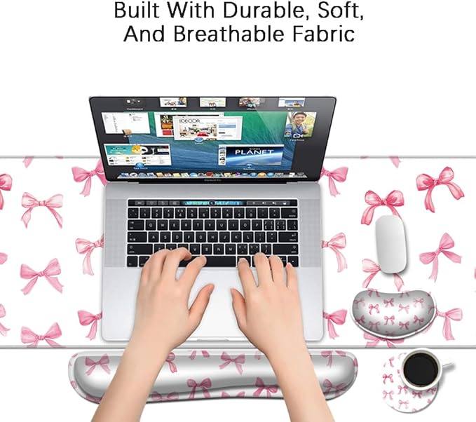 MIBITRI Keyboard Mouse Pad Set, Extended Gaming Mouse Pad+Ergonomics Keyboard Wrist Rest Support, Memory Foam, Easy Typing, 4Pcs XXL Ultra Thick Desk Mat, Pink Bows