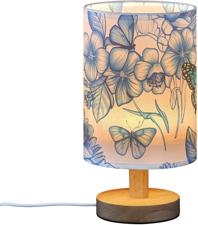 Blue Floral Butterfly LED Table Lamp, Bedside Lamp with Linen Lampshade, Flicker-Free Eye Care USB Plug in Nightstand Lamp, for Bedroom and Office