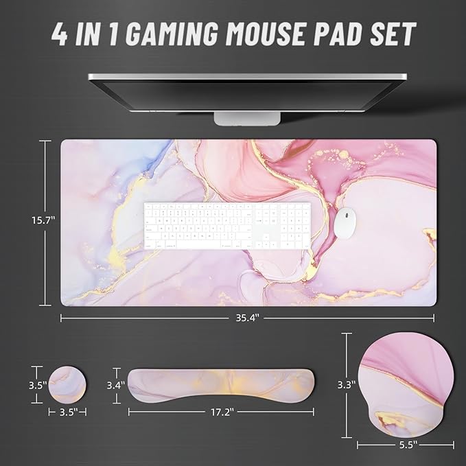 Ovenbird Mouse Pad Set 4-in-1 | Large Gaming Mousepad, Keyboard Wrist Rest, Mouse Wrist Support, Coaster | Ergonomic Office Desk Mat Accessories for Women Men | 4PCS, 35.4 x 15.7in, Pink Marble