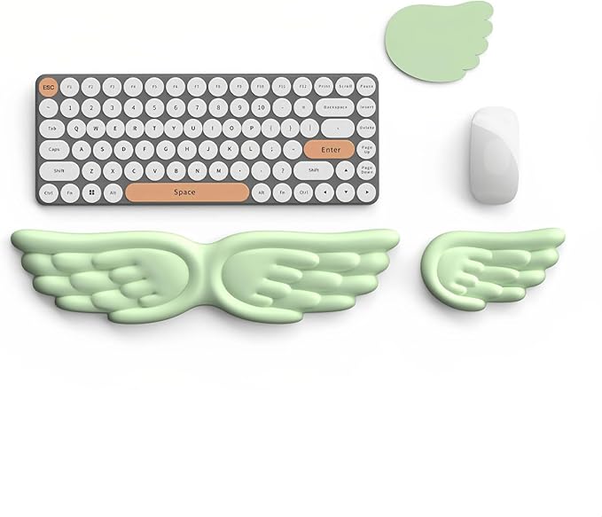 Angel Wing Wrist Rest Ergonomic Memory Foam Wrist Rest for Computer Keyboard Mouse Set with Cup Mat, Cute Gaming Keyboard Cushion Hand Support PU Leather Surface Anti-Slip Waterproof (Green)