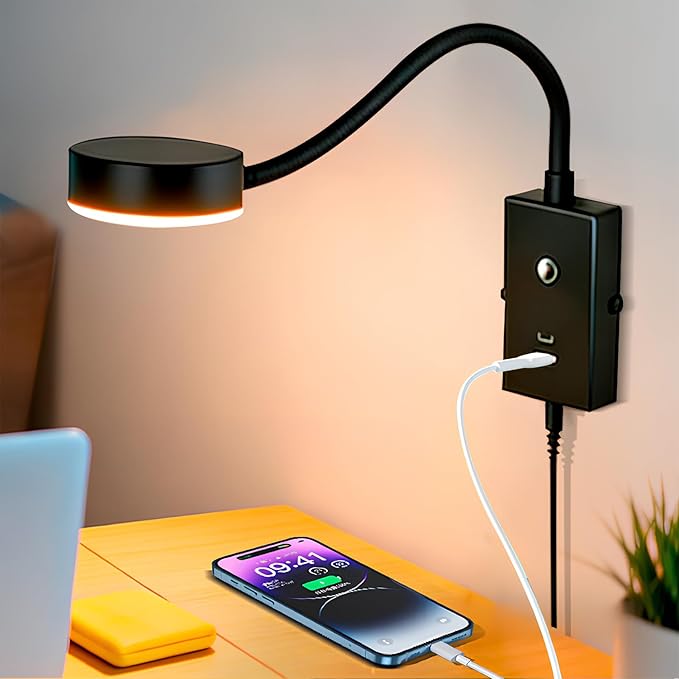 LED Wall Mounted Reading Light for Bed 2Pack, Flexible Gooseneck Book Light for Wall Bedside Lamp with USB-A/C Output,Touch Control 5 Dimmable Headboard Bed Lights
