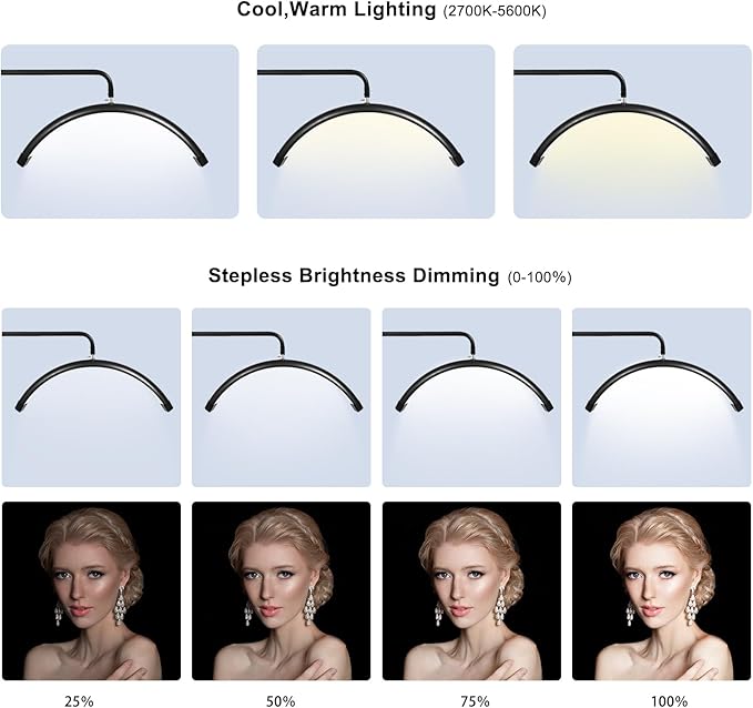 24" Half Moon Lash Light with Phone Holder & Remote Control, Height Adjustable Lash Lamp with 360° Rotating Head, Dimmable Shadow-Free Salon Light for Eyelash Extensions, Tattoo, Skincare, Spa