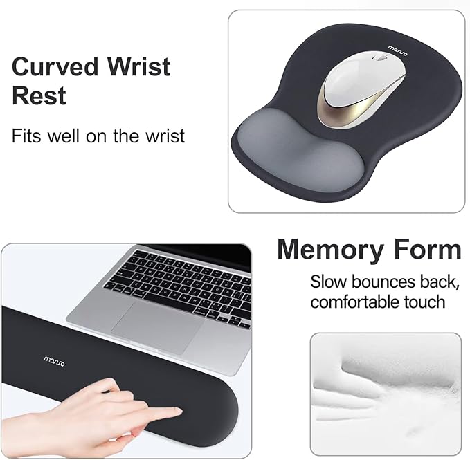 MOSISO Wrist Rest Support for Mouse Pad&Keyboard Set, Curved Ergonomic Mousepad&Coaster Non-Slip Base Home/Office Pain Relief&Easy Typing Cushion with Soft Cloth&Silicone Lining, Slate Gray