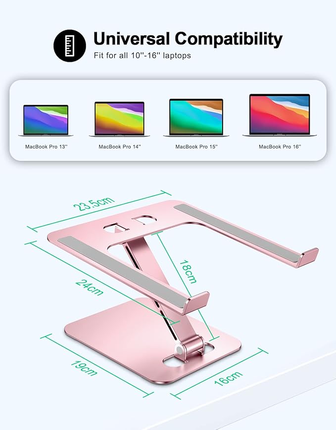 Foldable Laptop Stand, Height Adjustable Ergonomic Computer Stand for Desk, Aluminum Portable Laptop Riser Holder Notebook Mount Compatible with MacBook Pro Air, HP, Dell 10-16"(Rose Gold)