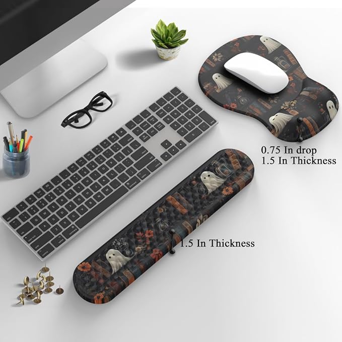 Ghost Book Mousepad with Wrist Rest Halloween Computer Keyboard Mouse Pad Black Cute, Mouse Pad with Wrist Rest for Computer Keyboard, 2 In 1 Mousepad with Wrist Support for Easy Typing & Ergonomic Comfort