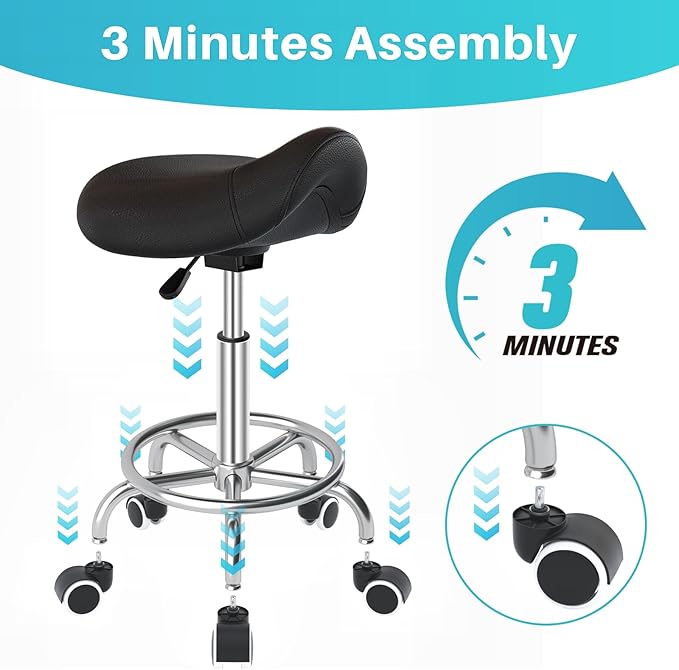 YEEZEE Saddle Stool Ergonomic- Comfortable Rolling Saddle Stool with Wide Thick Saddle Seat Padding, Swivel Adjustable Saddle Chair with Wheels and Ring Pedal for Medical Massage Salon (Dark Black)