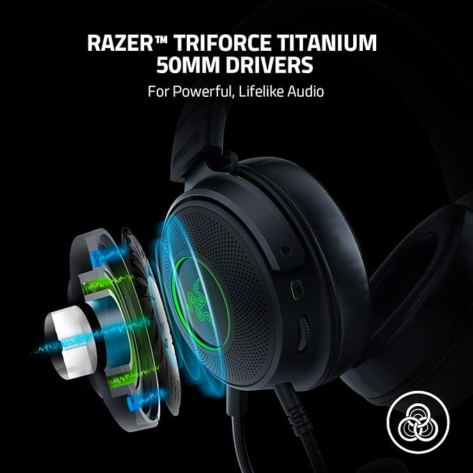 Razer Kraken V3 Wired USB Gaming Headset: Triforce Titanium 50mm Drivers - THX Spatial Audio - Chroma RGB Lighting - Hybrid Fabric & Leatherette Memory Foam Cushions - Detachable HyperClear Mic