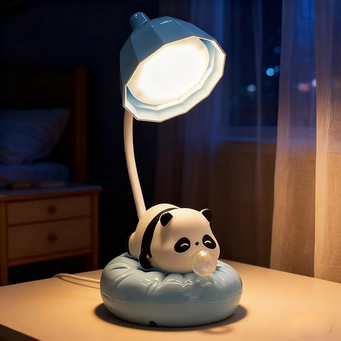 LED Desk Lamp with USB Charging Port, Gooseneck, Cute Panda Night Light for Bedroom Study Room, Boys Girls Children, Touch Control, 500 mAh, Rechargeable Lighting Decor for Boys Girls-Blue
