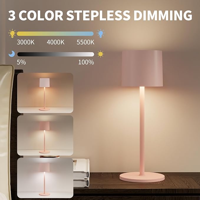 2-Pack Cordless Table Lamp, Portable LED Desk Lamps, 2 Adjustable Height, 4400mAh Battery Powered Rechargeable Light, 3 Color Stepless Dimming, for Restaurant, Bedroom, Outdoor Camping