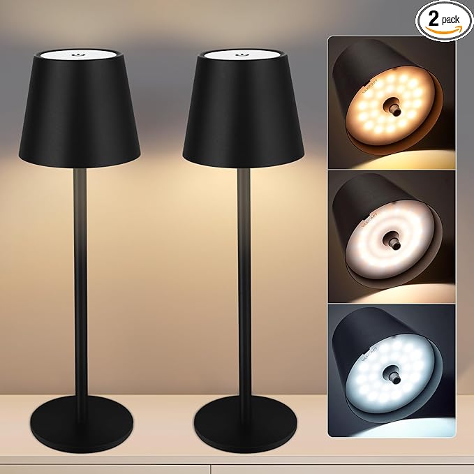Black Cordless Table Lamp Set of 2 - 8-20 Inches Adjustable Height, 5000mAh Rechargeable Battery LED Desk Lamp, 3 Color Stepless Dimmable, Portable Waterproof Metal Table Light for Indoor/Outdoor