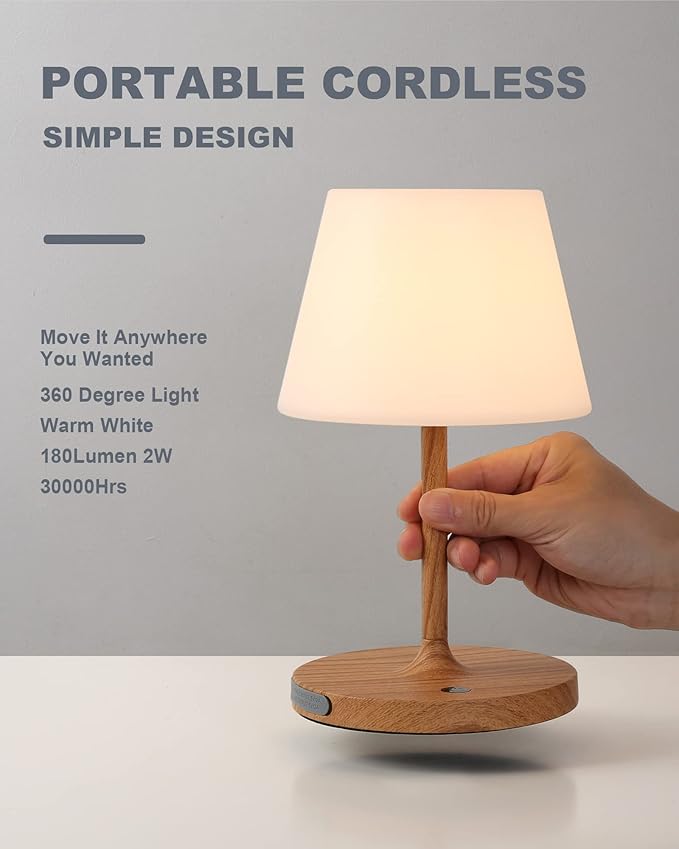 Outdoor Battery Operated Table Lamp Waterproof, 4000mAh Cordless Table Lamp Rechargeable, Touch Dimmable Desk Lamp, LED Night Light for Patio Camping Restaurant Home (Wood Grain, 9.6in)