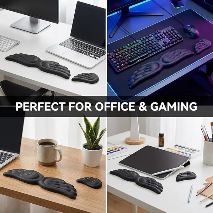 Angel Wing Wrist Rest Cute Wrist Rest for Keyboard and Mouse Hand Rests Set Include Ergonomic Keyboard & Mouse Hand Rest and Coaster Filled Resilient Memory Foam for Work Study Gaming- Black
