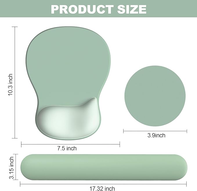 Ergonomic Mouse Pad with Wrist Rest and Keyboard Wrist Rest, Gel Mousepad and Wrist Rest for Computer Keyboard, Ergonomic Wrist Support, Non-Slip PU Base, Mouse Pad with Wrist Support for Gaming, Office, Green