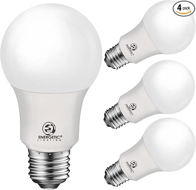 Energetic 60W Equivalent, A19 LED Light Bulb, 3000K Warm White, E26 Medium Base, Non-Dimmable LED Light Bulb, 8W 760LM, ETL Listed, 4 Pack