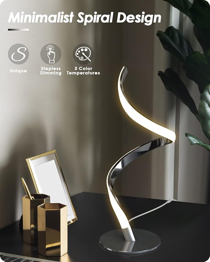 Yarra-Decor Modern Spiral Bedside Lamp - 3 Colors Touch Control LED Table Lamp, Stepless Dimmable Nightstand Lamps for Bedroom Living Room & Office(3000K 4000K 5000K) (Silver 2 Pack)