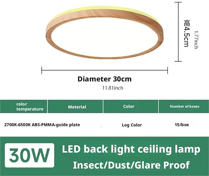 Ultra-Thin LED Ceiling Light for Bedroom, Wood Grain Finish, Flush Mount, Asian-Inspired Design, Flicker-Free & Dimmable, Eye Care Lighting(Log Color,11.81 * 11.81 * 1.77inch)