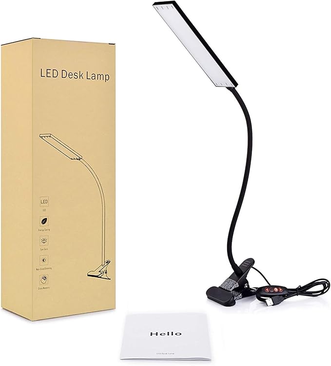 LED Desk Lamp - Dimmable Eye-Care Reading Light with Adjustable 3 Color Modes, 14 Brightness Levels, Flexible Gooseneck Clip-on Light for Studying, 5W-Black