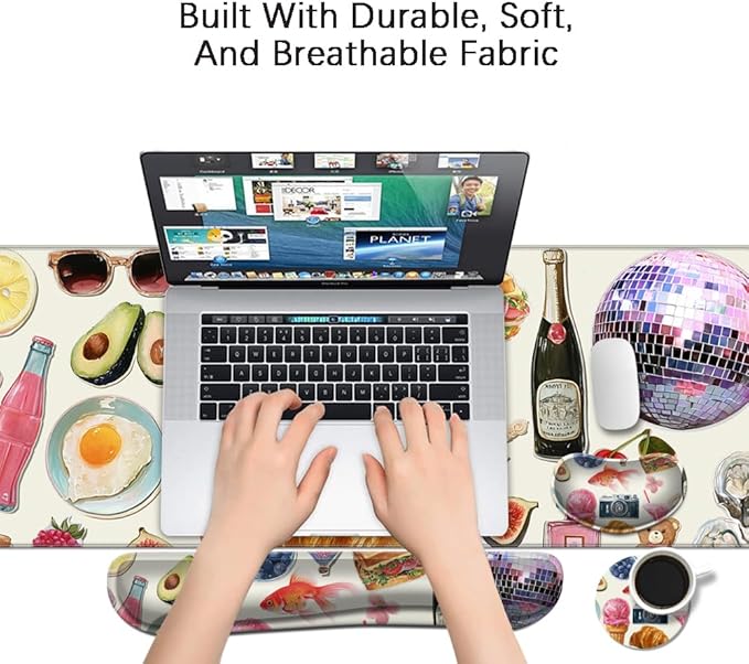 MIBITRI Keyboard Mouse Pad Set, Extended Gaming Mouse Pad+Ergonomics Keyboard Wrist Rest Support, Memory Foam, Easy Typing, 4Pcs XXL Ultra Thick Desk Mat, Collage Lovely