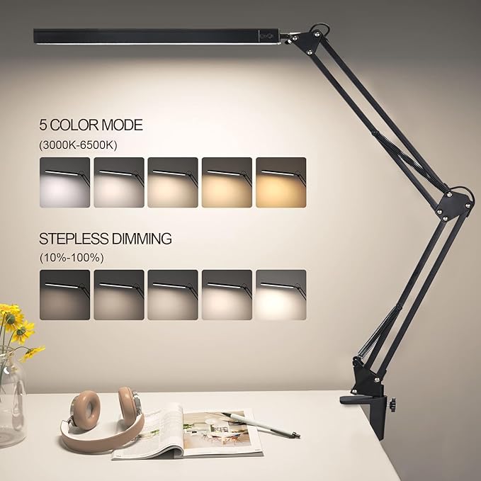 LED Architect Desk Lamp, Touch Control Metal Swing Arm Dimmable Task Lamp, Eye Care Table Lamp with Clamp (5 Color Modes, 10-Level Dimmer) Highly Adjustable Office, Craft, Workbench Light