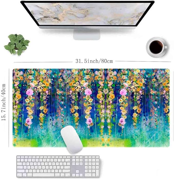 Abstract Watercolor Flowers Non-Slip Rubber Large Mouse pad for Desk,Large Gaming Mouse Pad XXL Extended Mouse pad with Stitched Edges Non-Slip Base Water Resist Pad Desk Mat 35.4x15.7inch