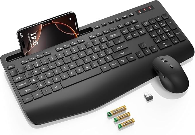 Wireless Keyboard and Mouse Combo - Full Size Ergonomic Wrist Rest, Silent Typing, Phone Holder, 2.4 GHz, 3 Level DPI, KM23D Set Compatible with PC, Laptop, Windows, macOS -SABLUTE