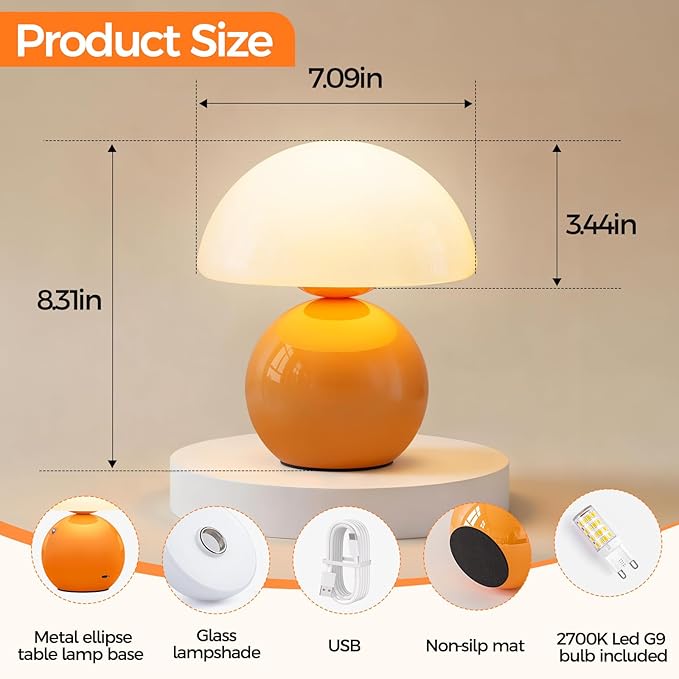 NIORSUN Mushroom Lamp Table Lamp for Bedroom, Portables Cordless Table Lamps Set of 2,Wireless lamp,Bedside Tables Touch for Living Room,Mini Mushroom 5200mAh Battery Operated Lamps Modern Orange