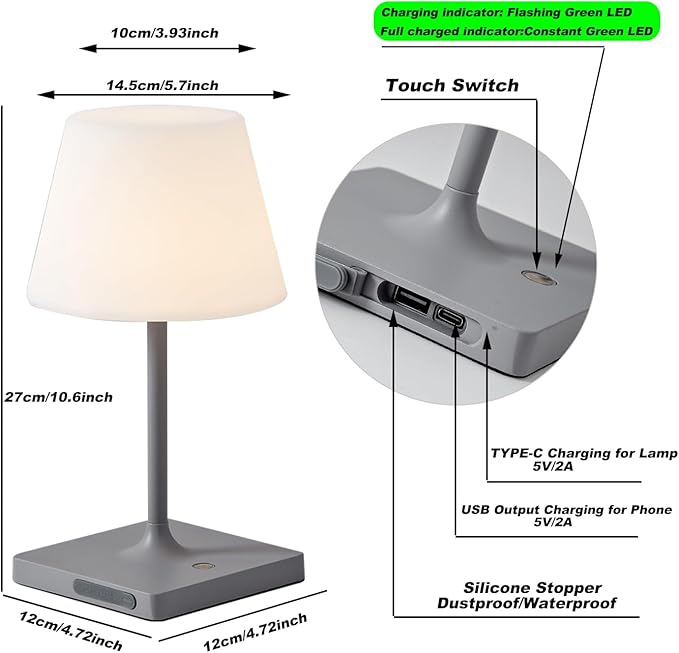 Portables Cordless Table Lamp Rechargeable, Outdoor Battery Operated Waterproof Shower Lamp,4000mAh LED 3 Colors Dimmable Desk Lamps for Balcony Camping Bar,Small Night Light-Grey