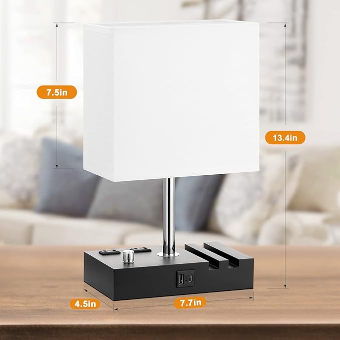 Fully Dimmable Bedside Lamps for Bedroom with USB C Ports, Kakanuo White USB Table Lamp Set of 2, Wooden Desk Lamp with 2 Charging Outlets and Phone Stand for Nightstand and Living Room, Bulb Included