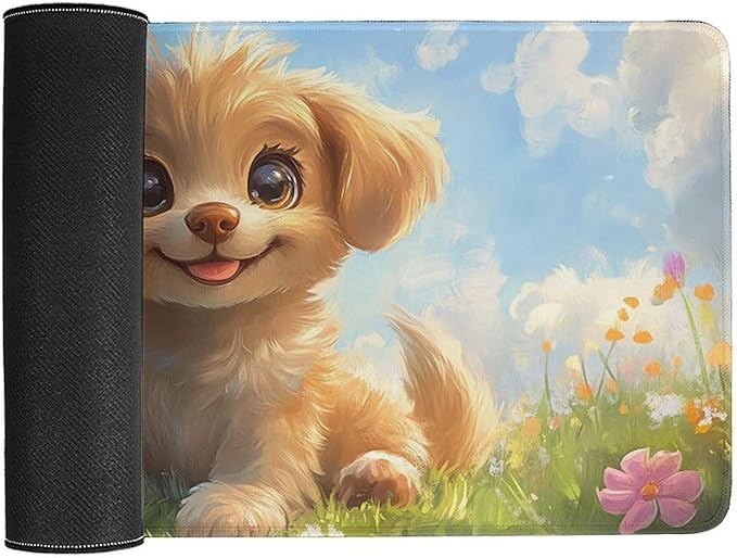 Large Ergonomic Gaming Mouse Pad Happy Puppy in Sunny Field - Lovable Dog Theme with Non-Slip Base Water-Resistant Surface and Stitched Edges 30x60cm