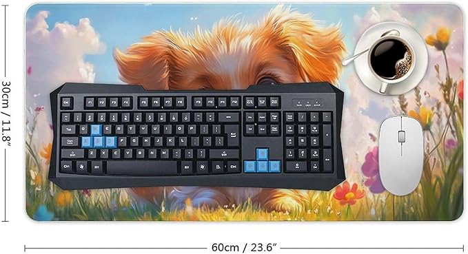 Large Ergonomic Gaming Mouse Pad Charming Fluffy Dog in Bright Meadow - Cute Pet Theme with Non-Slip Base Water-Resistant Surface and Stitched Edges 30x60cm