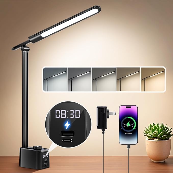 COOLNIGHT LED Desk Lamp,5 Colors+11 Brightness LED Desk Lamp with USB Charging Port+Clock+Pen Holder,700 Lumen Desk Light Classroom Desk Lamps for Home Office, Bed,Reading,Nail,Craft